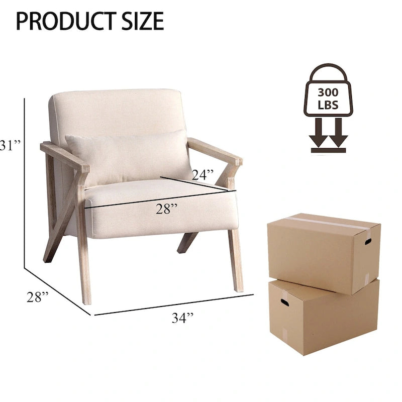 Fauteuil d'appoint rembourré, cadre en bois style mid-century avec coussin lombaire, plusieurs coloris