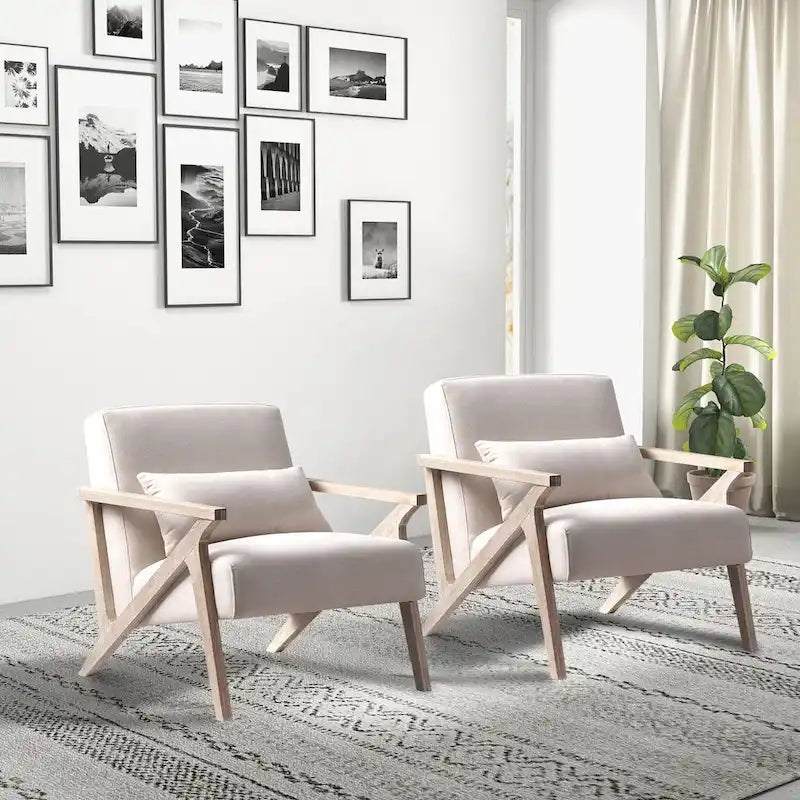 Fauteuil d'appoint rembourré, cadre en bois style mid-century avec coussin lombaire, plusieurs coloris