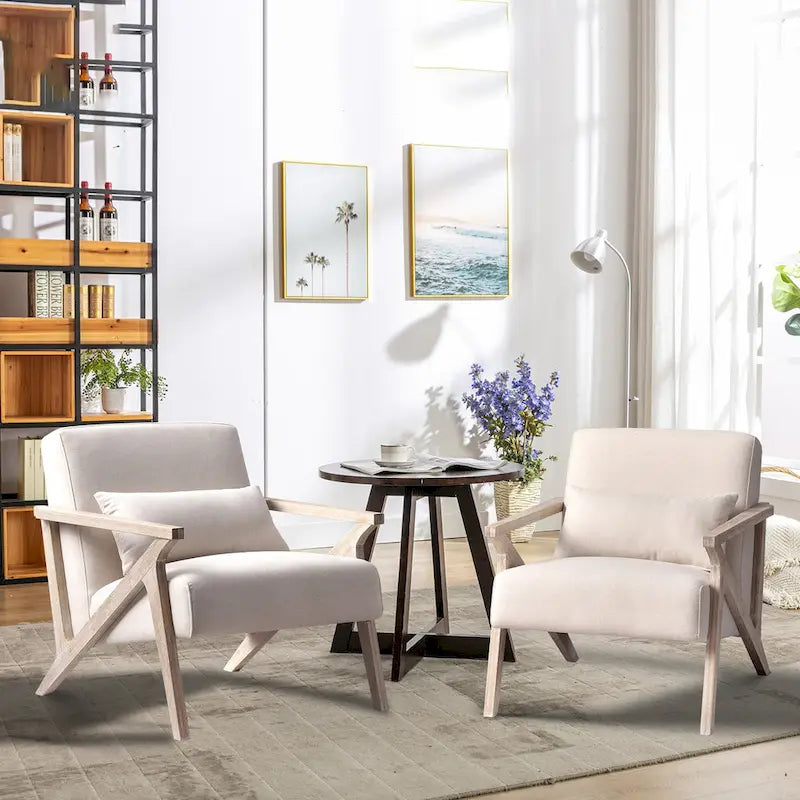 Fauteuil d'appoint rembourré, cadre en bois style mid-century avec coussin lombaire, plusieurs coloris