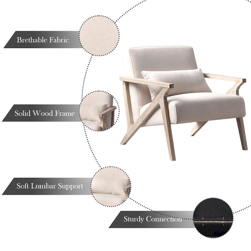 Fauteuil d'appoint rembourré, cadre en bois style mid-century avec coussin lombaire, plusieurs coloris