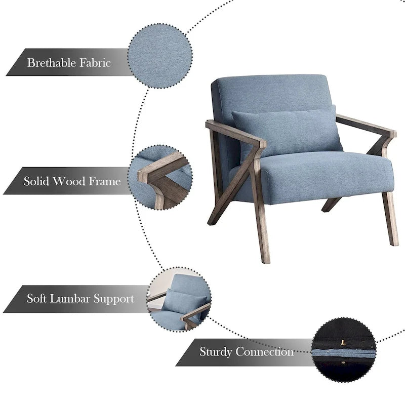 Fauteuil d'appoint rembourré, cadre en bois style mid-century avec coussin lombaire, plusieurs coloris