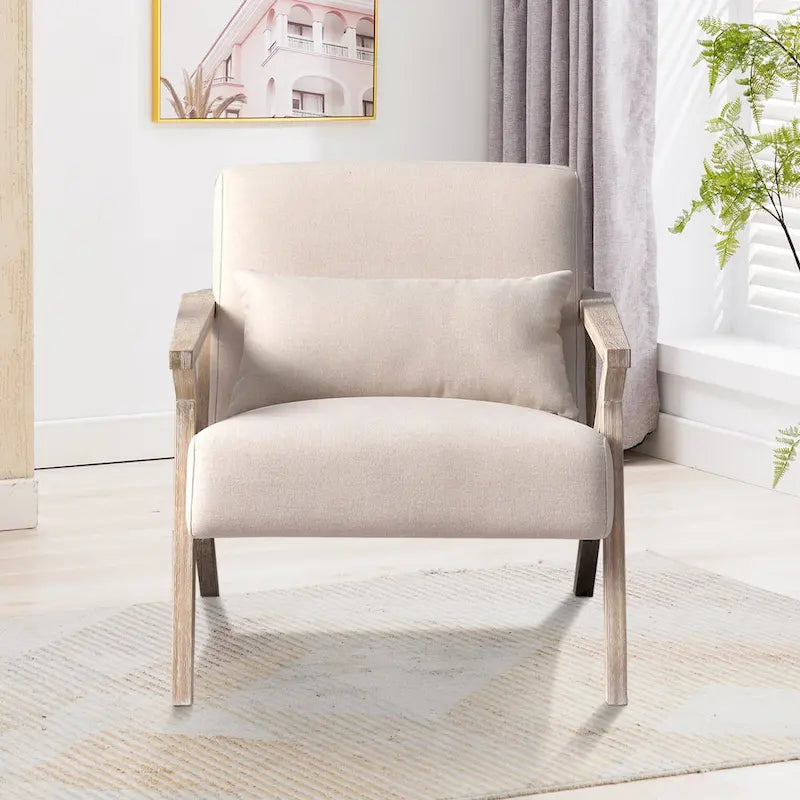 Fauteuil d'appoint rembourré, cadre en bois style mid-century avec coussin lombaire, plusieurs coloris
