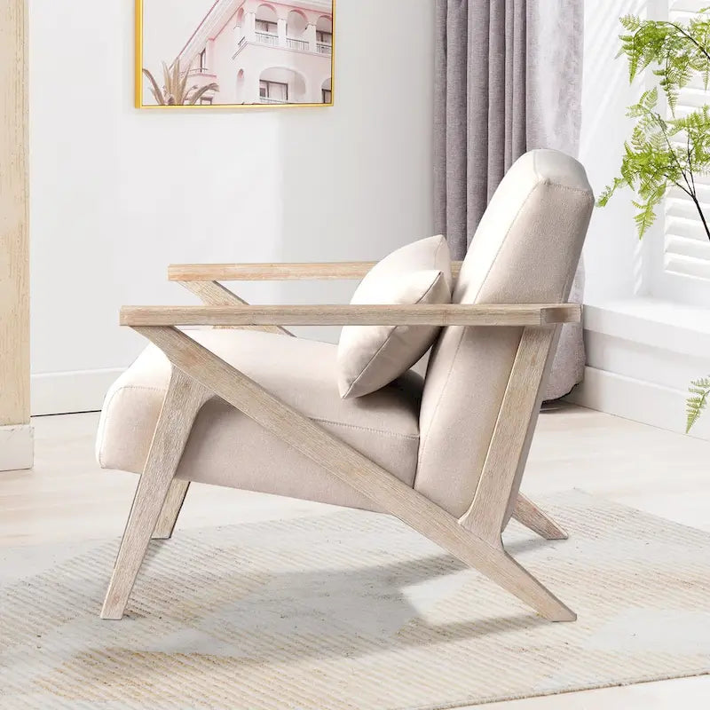Fauteuil d'appoint rembourré, cadre en bois style mid-century avec coussin lombaire, plusieurs coloris