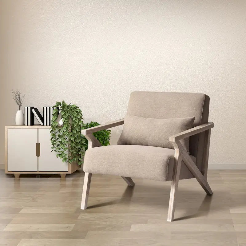 Fauteuil d'appoint rembourré, cadre en bois style mid-century avec coussin lombaire, plusieurs coloris