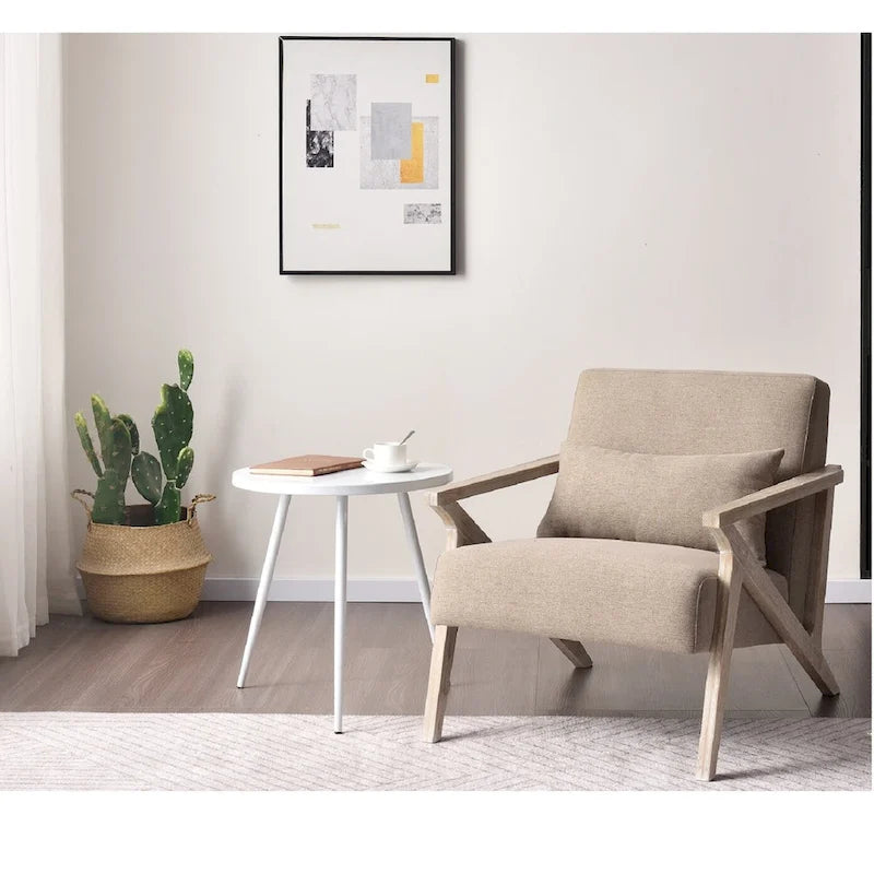 Fauteuil d'appoint rembourré, cadre en bois style mid-century avec coussin lombaire, plusieurs coloris