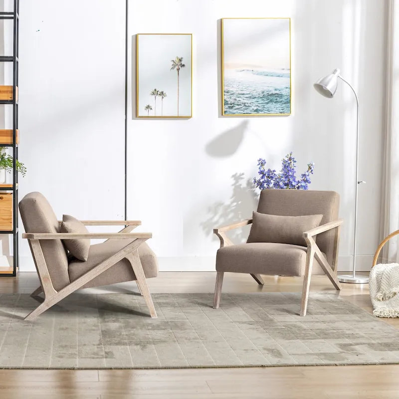 Fauteuil d'appoint rembourré, cadre en bois style mid-century avec coussin lombaire, plusieurs coloris