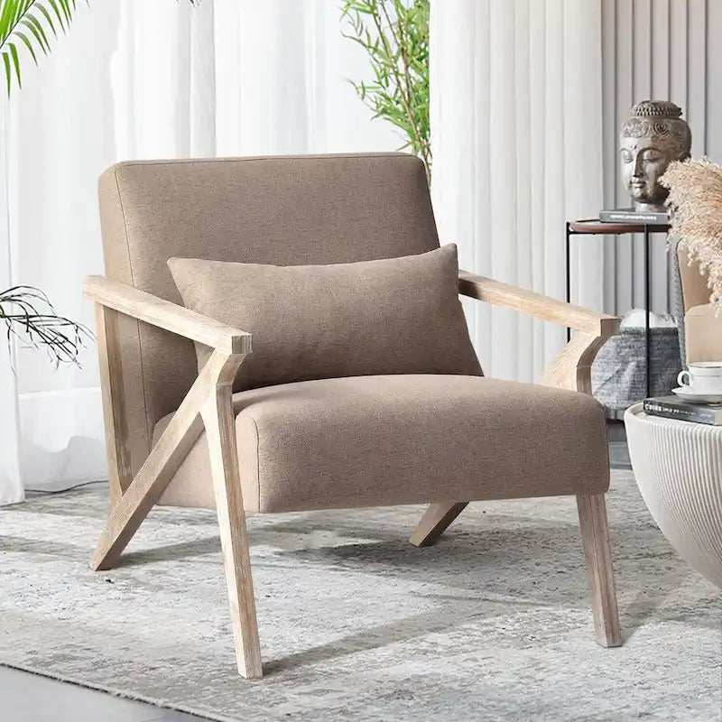 Fauteuil d'appoint rembourré, cadre en bois style mid-century avec coussin lombaire, plusieurs coloris
