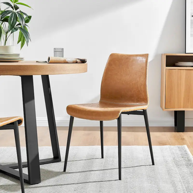 Chaise de salle à manger en similicuir avec dossier profilé et pieds en acier, marron et gris