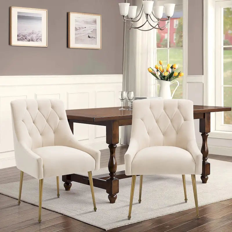 Chaise de salle à manger d'appoint en velours capitonné avec pieds en métal doré