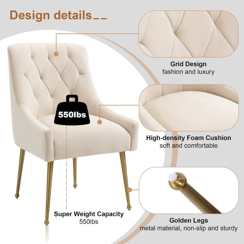 Chaise de salle à manger d'appoint en velours capitonné avec pieds en métal doré