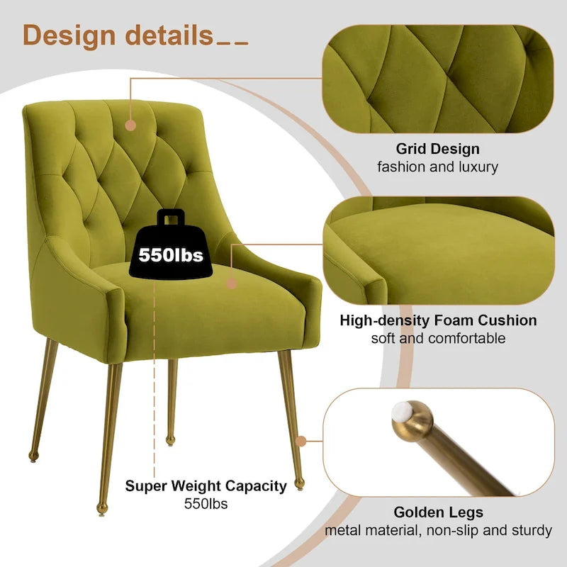 Chaise de salle à manger d'appoint en velours capitonné avec pieds en métal doré