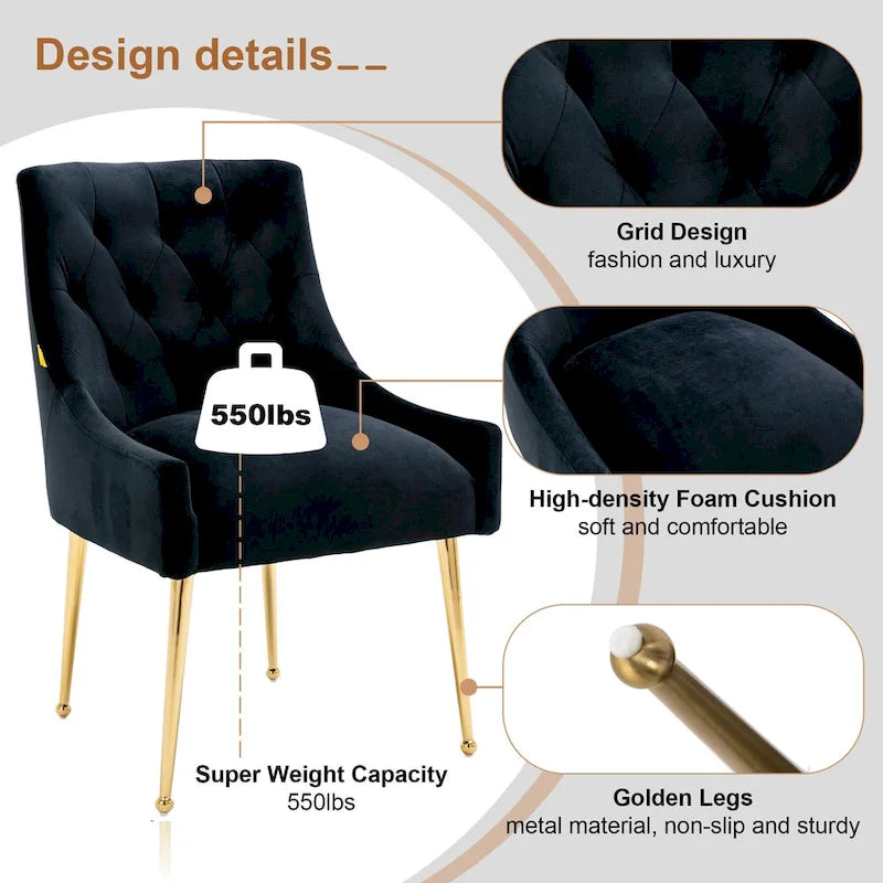 Chaise de salle à manger d'appoint en velours capitonné avec pieds en métal doré