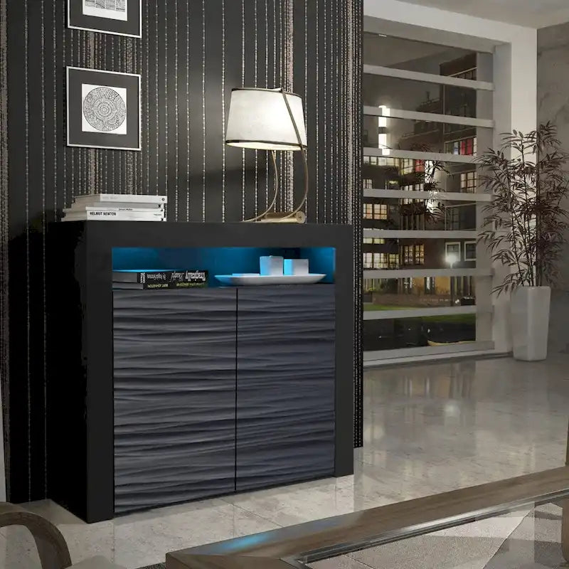 Buffet moderne mat brillant avec éclairage LED deux portes