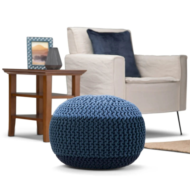 Repose-pieds pouf ottoman rond en coton tricoté main bohème bleu gris