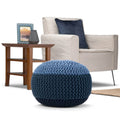 Repose-pieds pouf ottoman rond en coton tricoté main bohème bleu gris