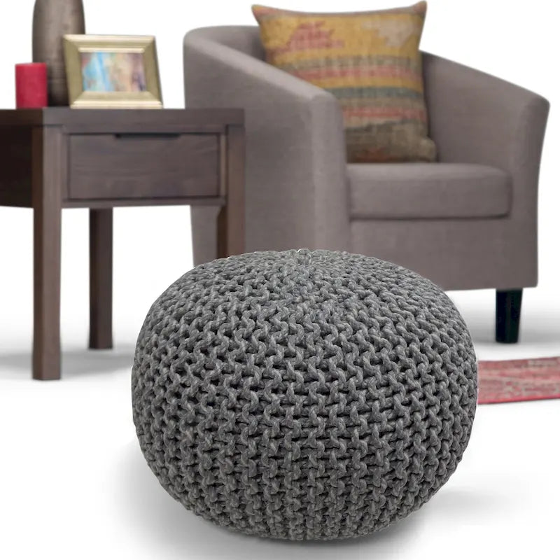 Repose-pieds pouf ottoman rond en coton tricoté main bohème bleu gris