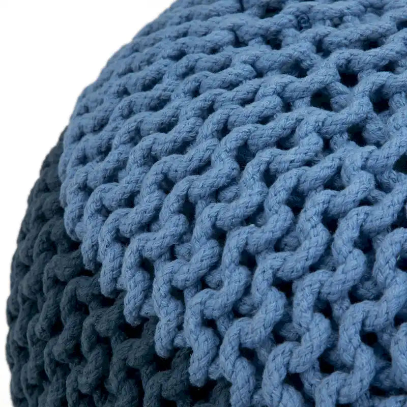 Repose-pieds pouf ottoman rond en coton tricoté main bohème bleu gris
