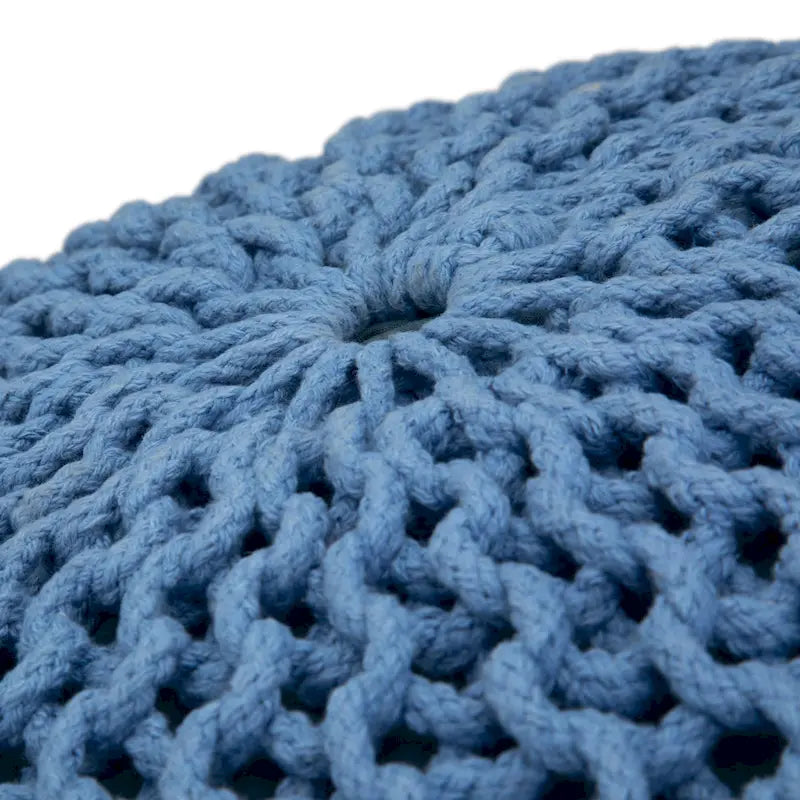 Repose-pieds pouf ottoman rond en coton tricoté main bohème bleu gris