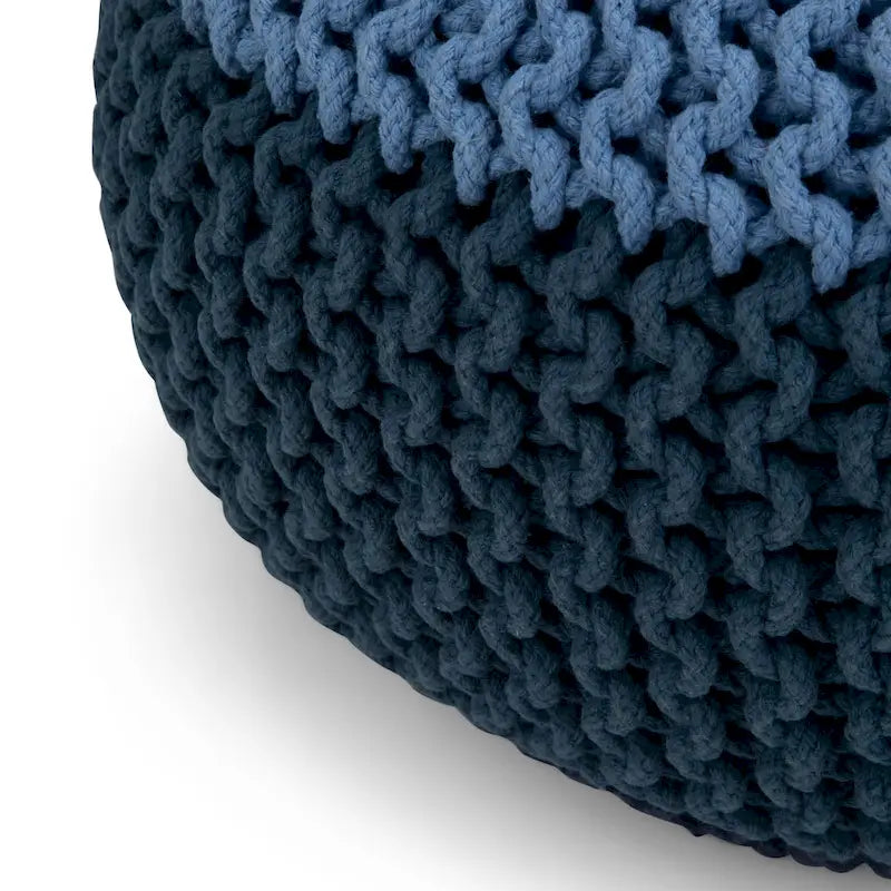 Repose-pieds pouf ottoman rond en coton tricoté main bohème bleu gris