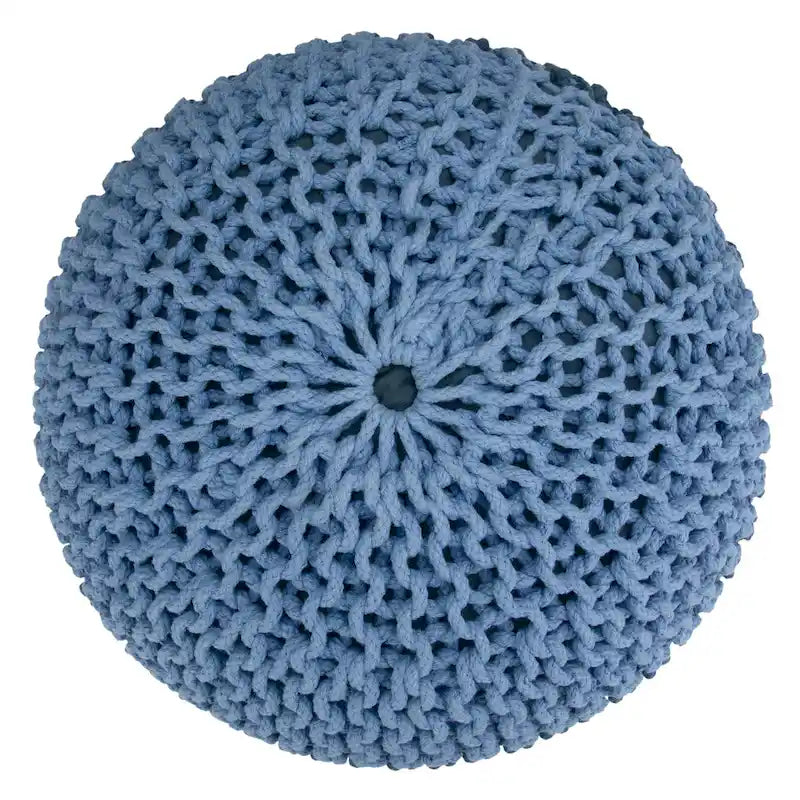Repose-pieds pouf ottoman rond en coton tricoté main bohème bleu gris