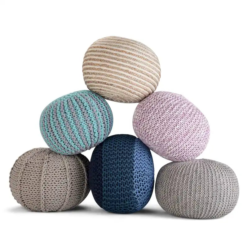 Repose-pieds pouf ottoman rond en coton tricoté main bohème bleu gris