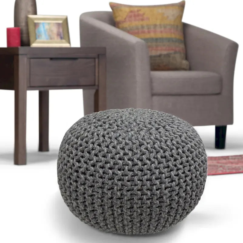 Repose-pieds pouf ottoman rond en coton tricoté main bohème bleu gris
