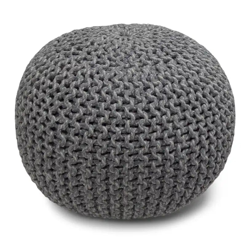 Repose-pieds pouf ottoman rond en coton tricoté main bohème bleu gris