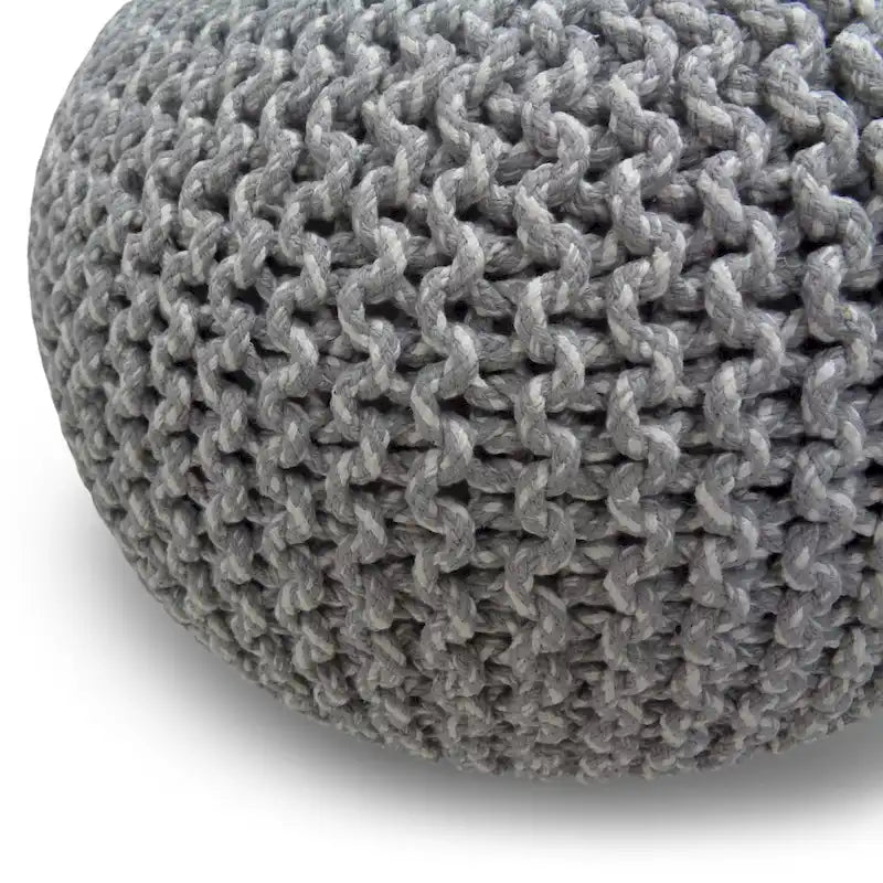 Repose-pieds pouf ottoman rond en coton tricoté main bohème bleu gris