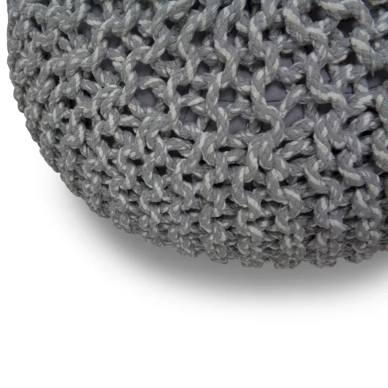 Repose-pieds pouf ottoman rond en coton tricoté main bohème bleu gris