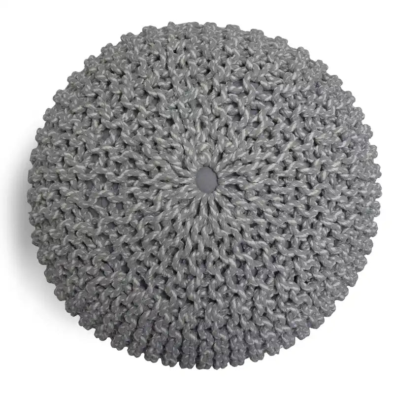 Repose-pieds pouf ottoman rond en coton tricoté main bohème bleu gris