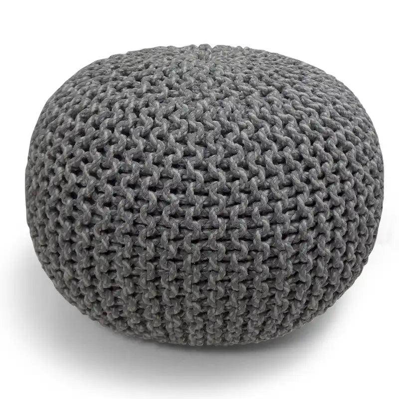 Repose-pieds pouf ottoman rond en coton tricoté main bohème bleu gris