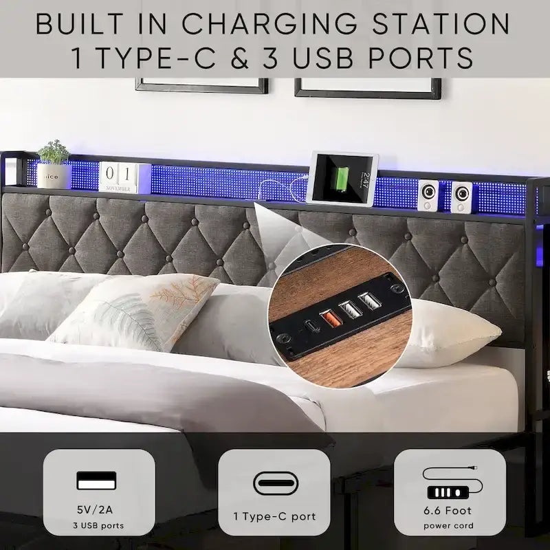 Cadre de lit plateforme gris rembourré avec tête de lit LED et station de charge