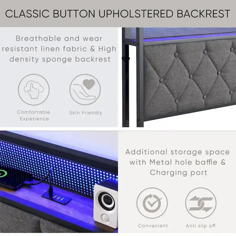 Cadre de lit plateforme gris rembourré avec tête de lit LED et station de charge