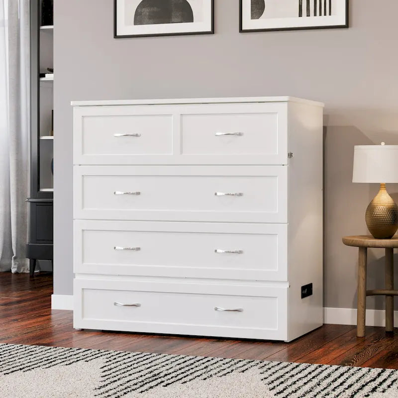 Lit escamotable double XL blanc avec tiroir de rangement et port de chargement USB