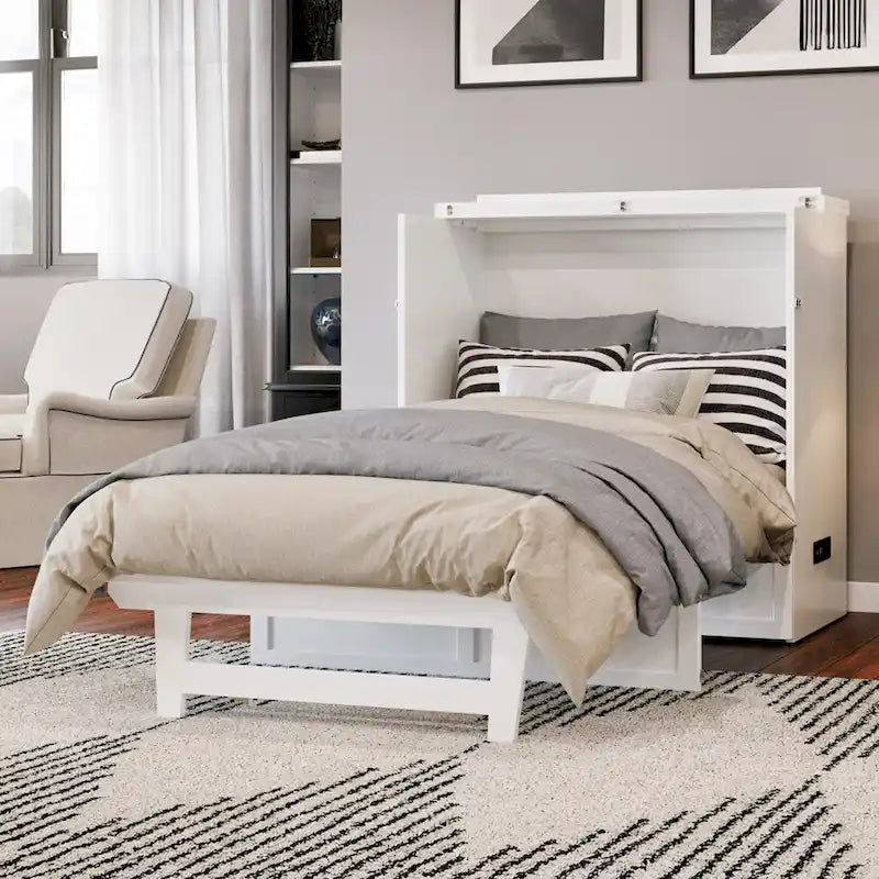 Lit escamotable double XL blanc avec tiroir de rangement et port de chargement USB