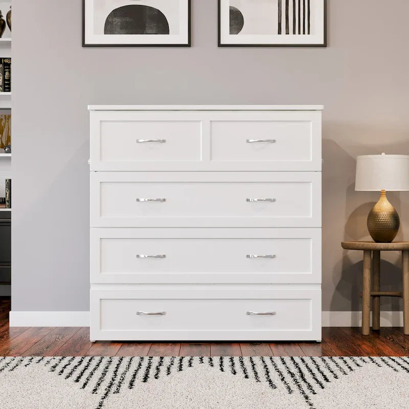 Lit escamotable double XL blanc avec tiroir de rangement et port de chargement USB