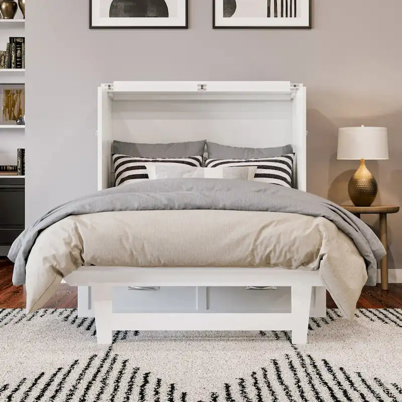 Lit escamotable double XL blanc avec tiroir de rangement et port de chargement USB