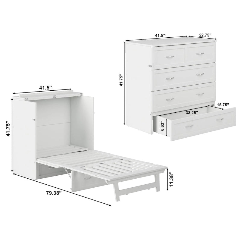 Lit escamotable double XL blanc avec tiroir de rangement et port de chargement USB