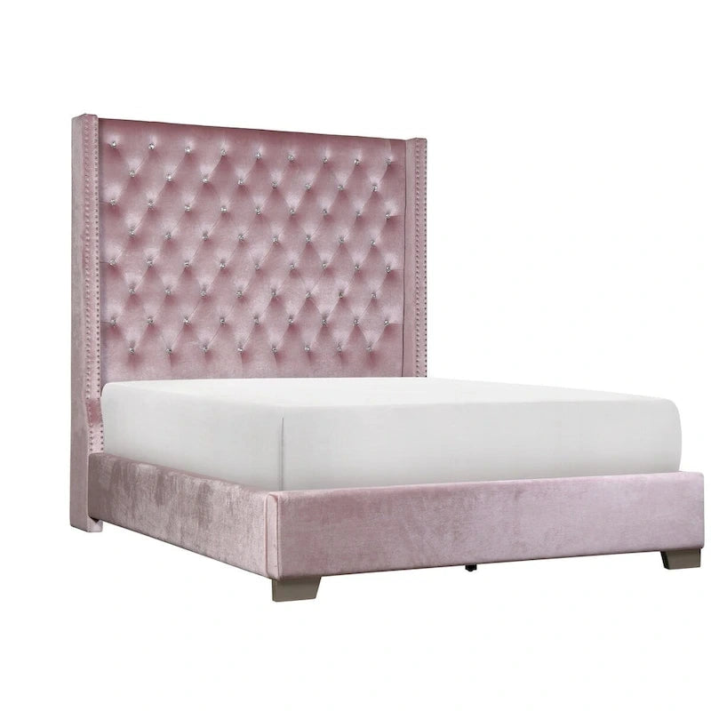 Lit capitonné rose en velours avec tête de lit capitonnée à oreilles et boutons en cristal