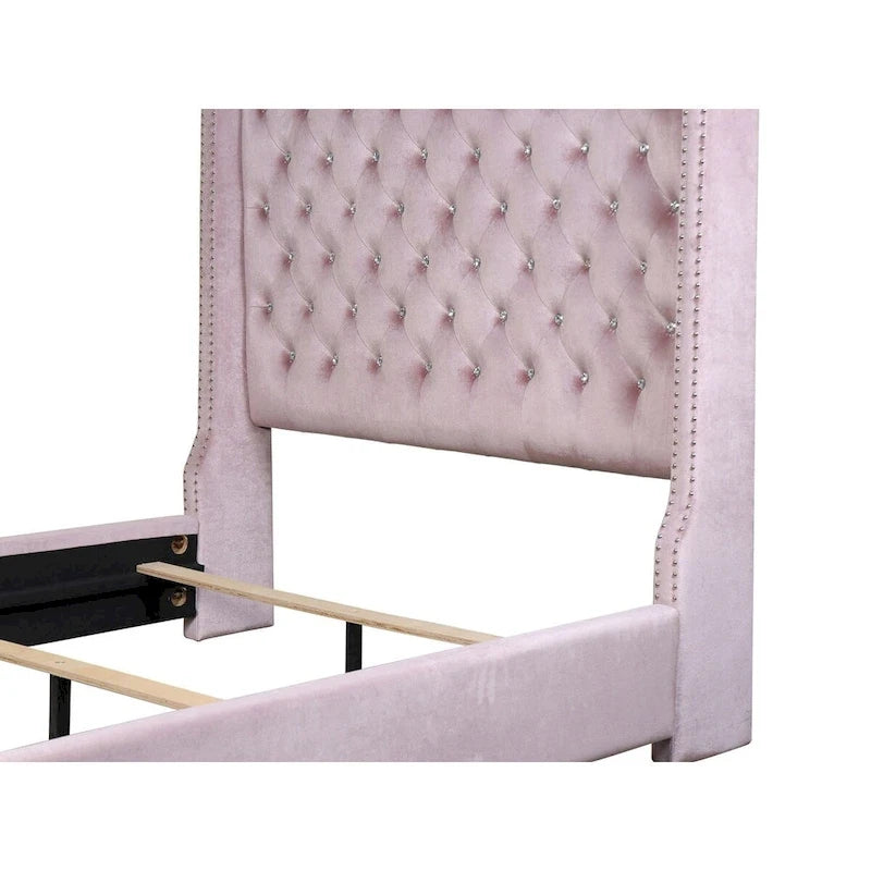 Lit capitonné rose en velours avec tête de lit capitonnée à oreilles et boutons en cristal