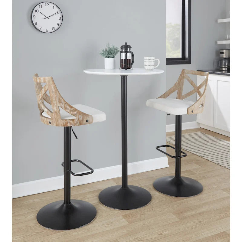 Table de bar ronde réglable en hauteur avec piètement en métal et plateau en bois