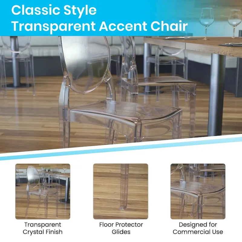 Chaise de salle à manger sans accoudoirs empilable en résine transparente, pour l'intérieur et l'extérieur