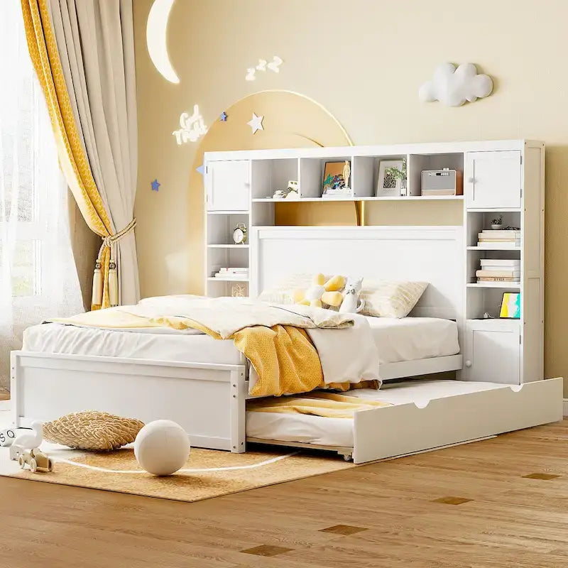 Lit double en bois avec armoire de rangement intégrée et étagères