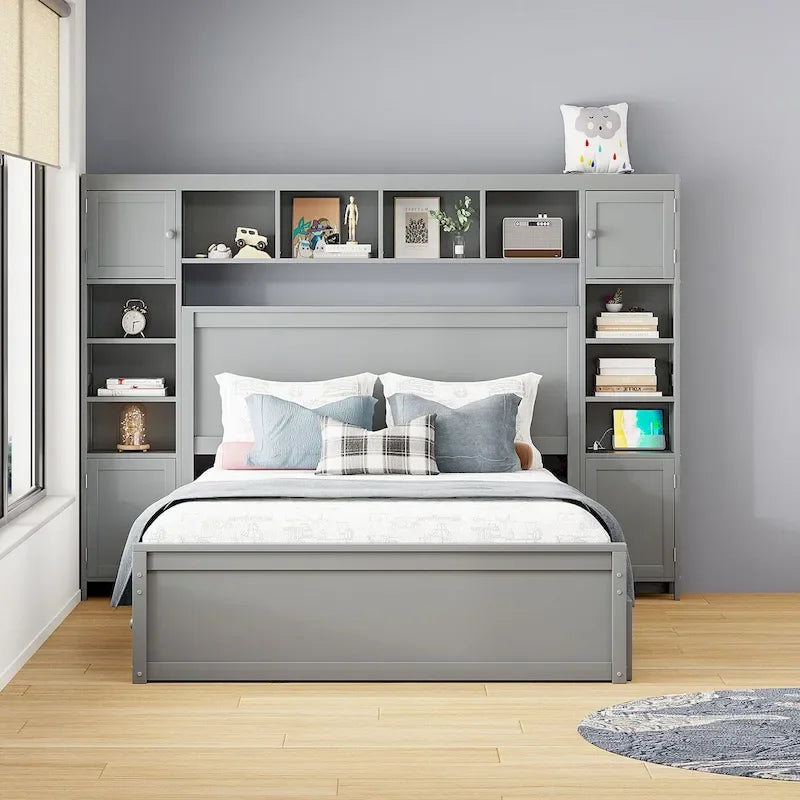 Lit double en bois avec armoire de rangement intégrée et étagères