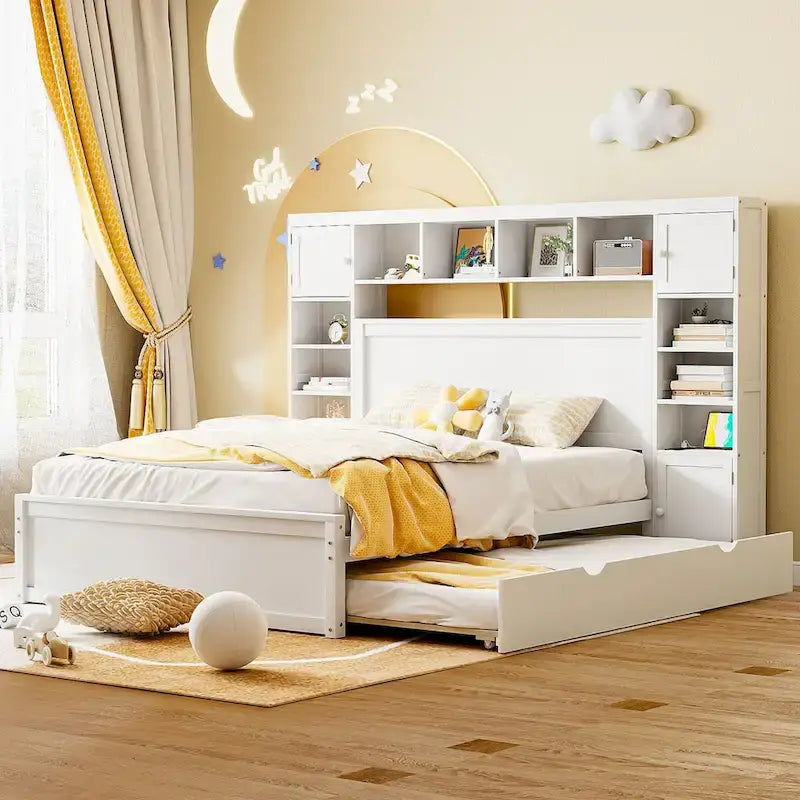 Lit double en bois avec armoire de rangement intégrée et étagères