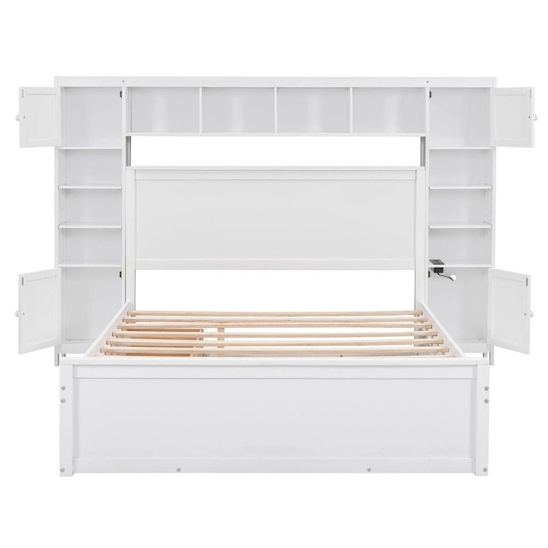 Lit double en bois avec armoire de rangement intégrée et étagères