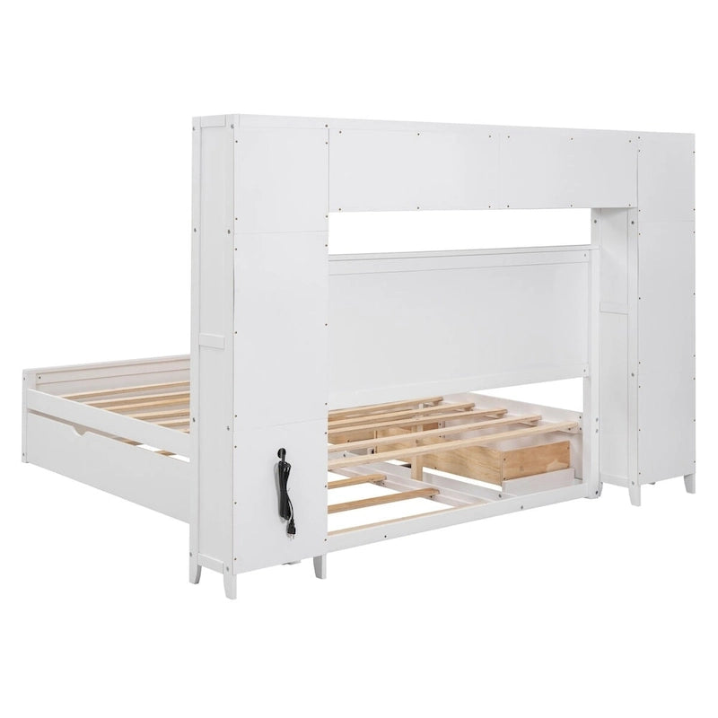 Lit double en bois avec armoire de rangement intégrée et étagères