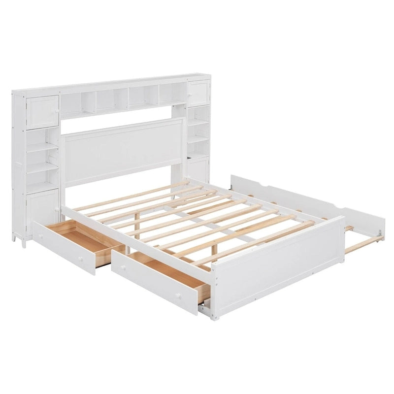 Lit double en bois avec armoire de rangement intégrée et étagères