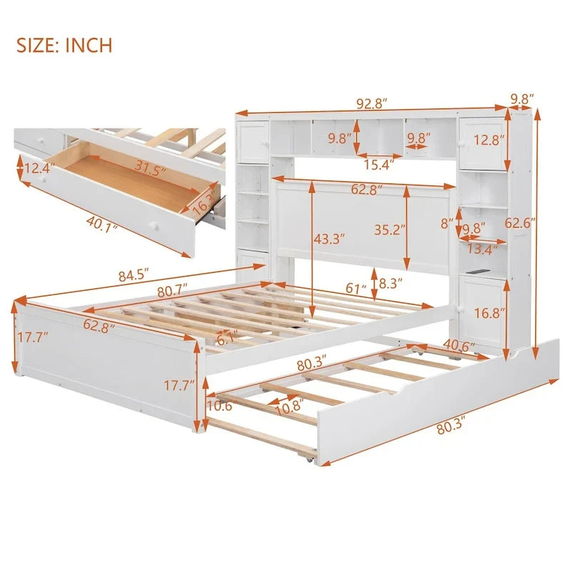 Lit double en bois avec armoire de rangement intégrée et étagères