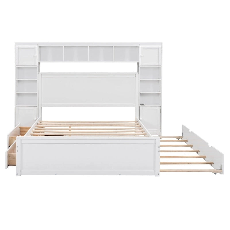 Lit double en bois avec armoire de rangement intégrée et étagères